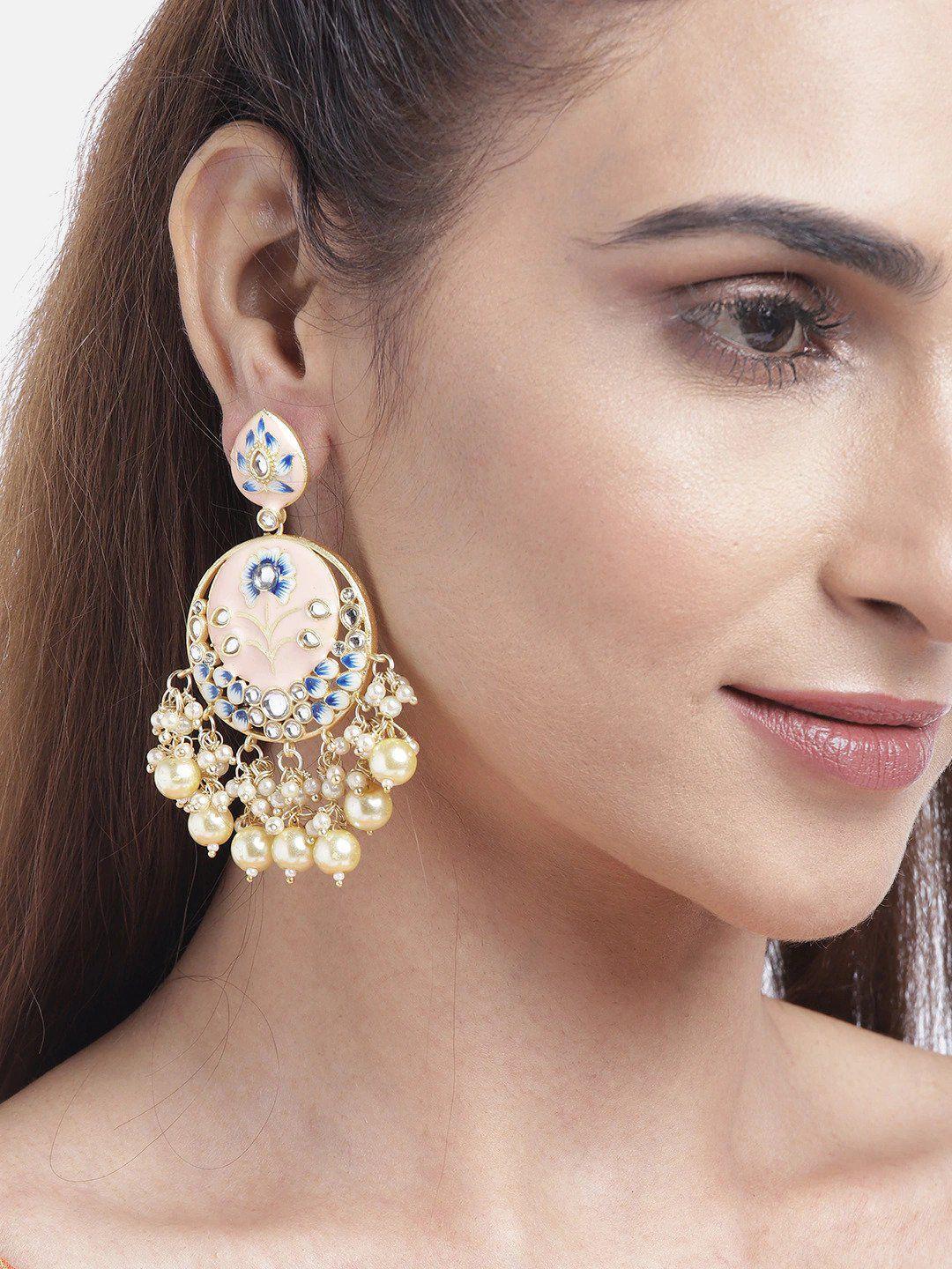 priyaasi peach & gold-toned & plated contemporary stone studded chandbalis earrings