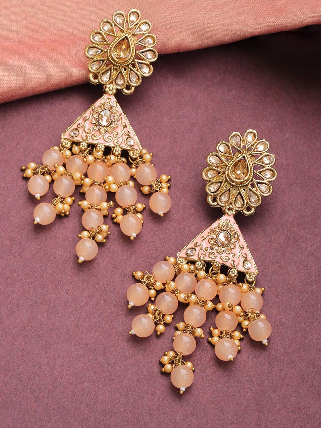 priyaasi peach-coloured gold-plated stone & beaded floral meenakari drop earrings