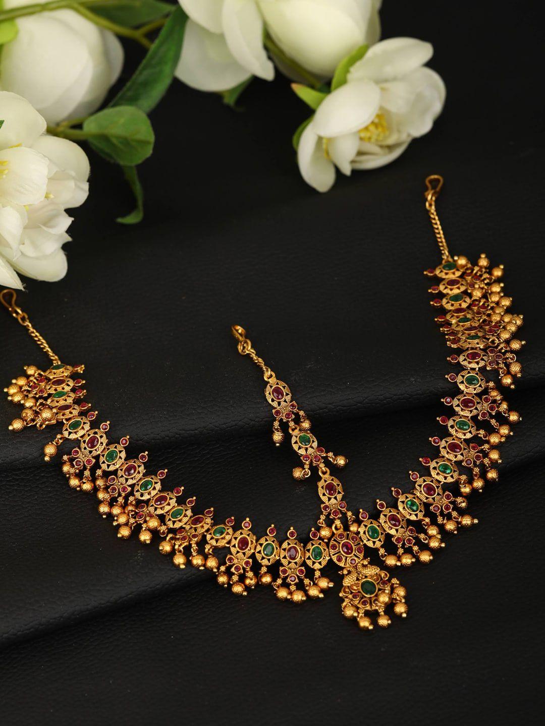 priyaasi pink & green gold-plated stone-studded & beaded handcrafted maatha patti
