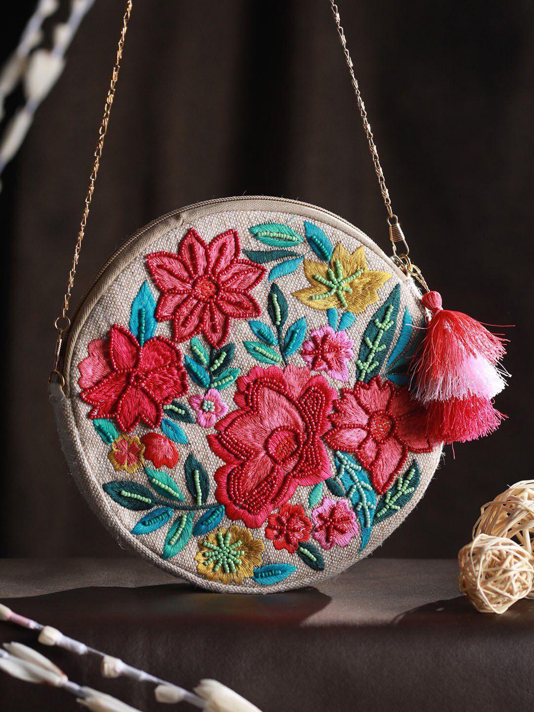 priyaasi pink floral embellished sling bag with tasselled