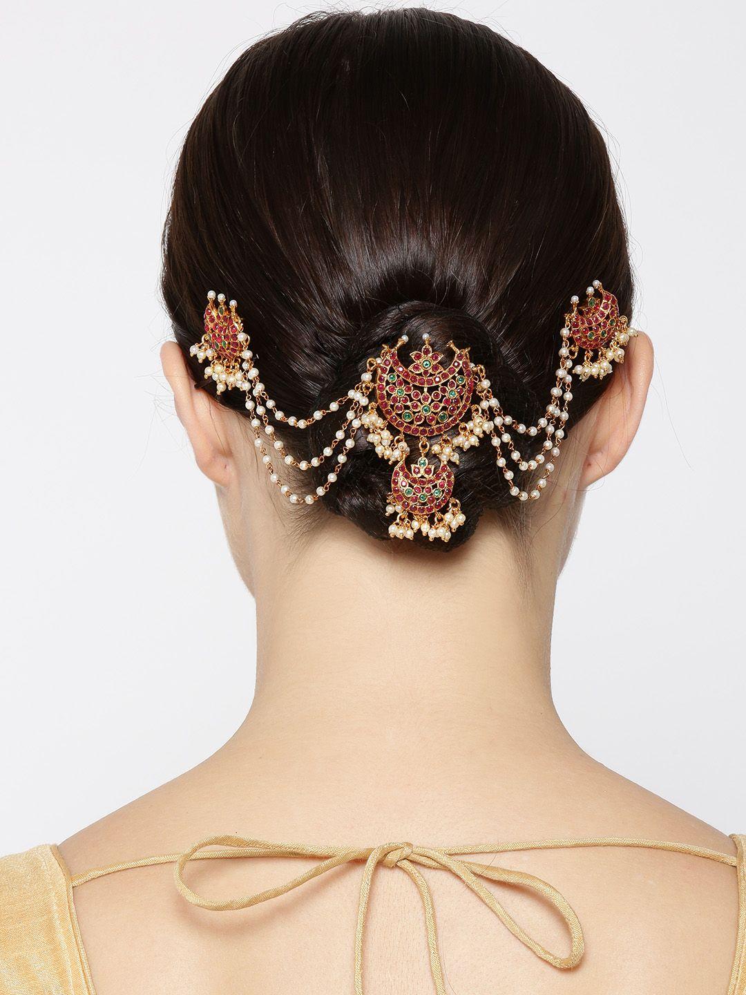 priyaasi red & green gold-plated stone-studded hair bun pin with chain