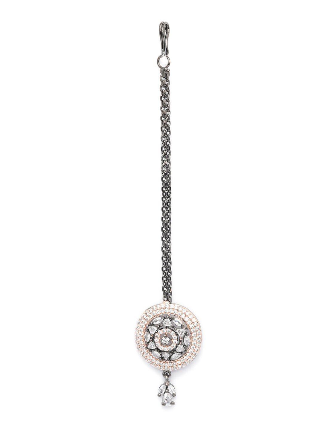 priyaasi rose gold-plated white ad-studded dual toned star sphere maang tikka