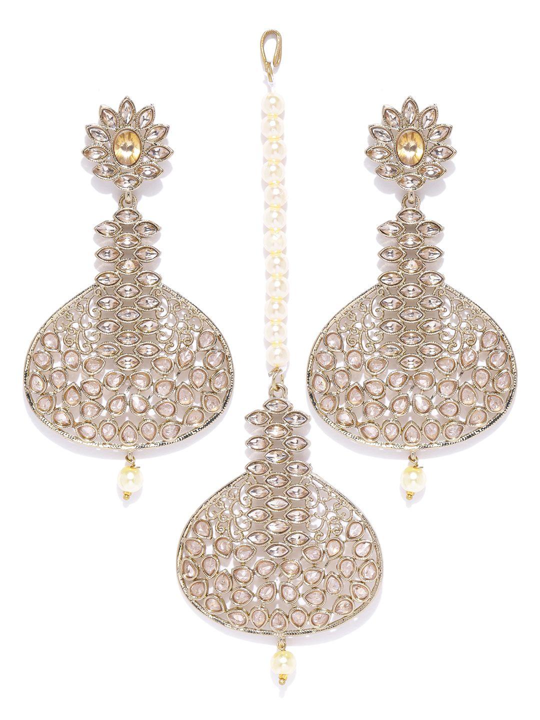 priyaasi rose gold-toned gold-plated stone-studded handcrafted maang tikka with earrings