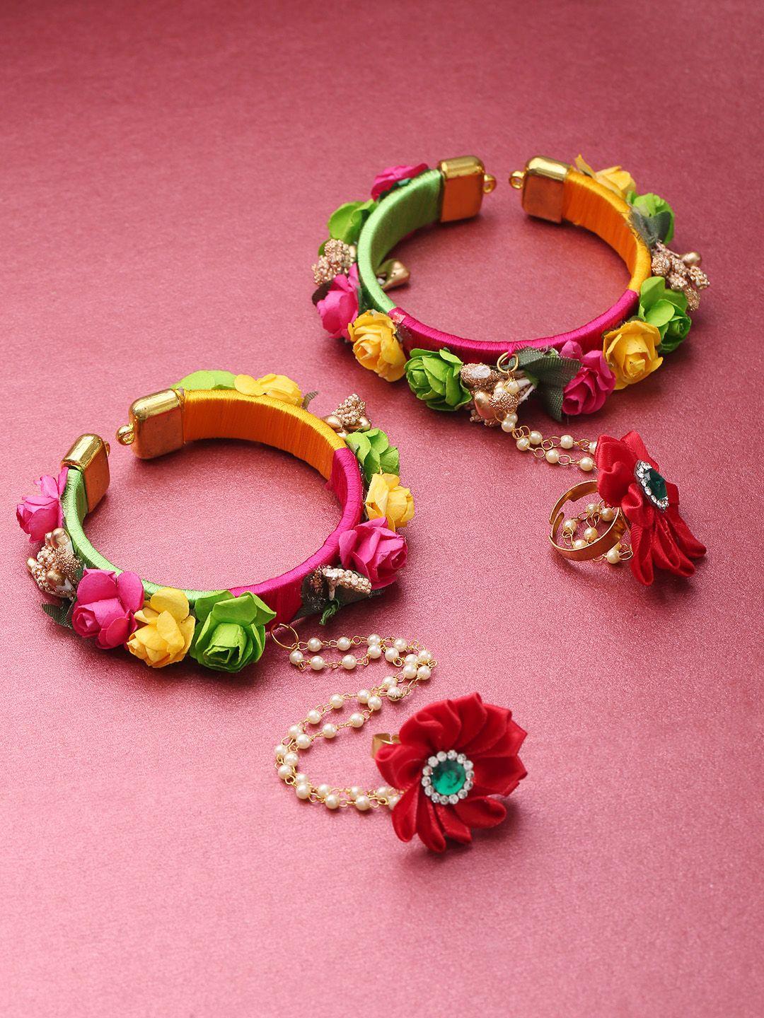 priyaasi set of 2 multicoloured floral stone-studded & beaded handcrafted ring bracelets