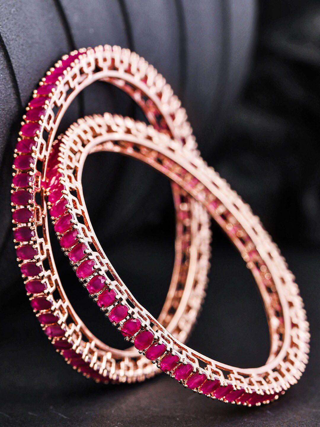 priyaasi set of 2 rose gold-plated & magenta pink ruby-studded handcrafted bangles