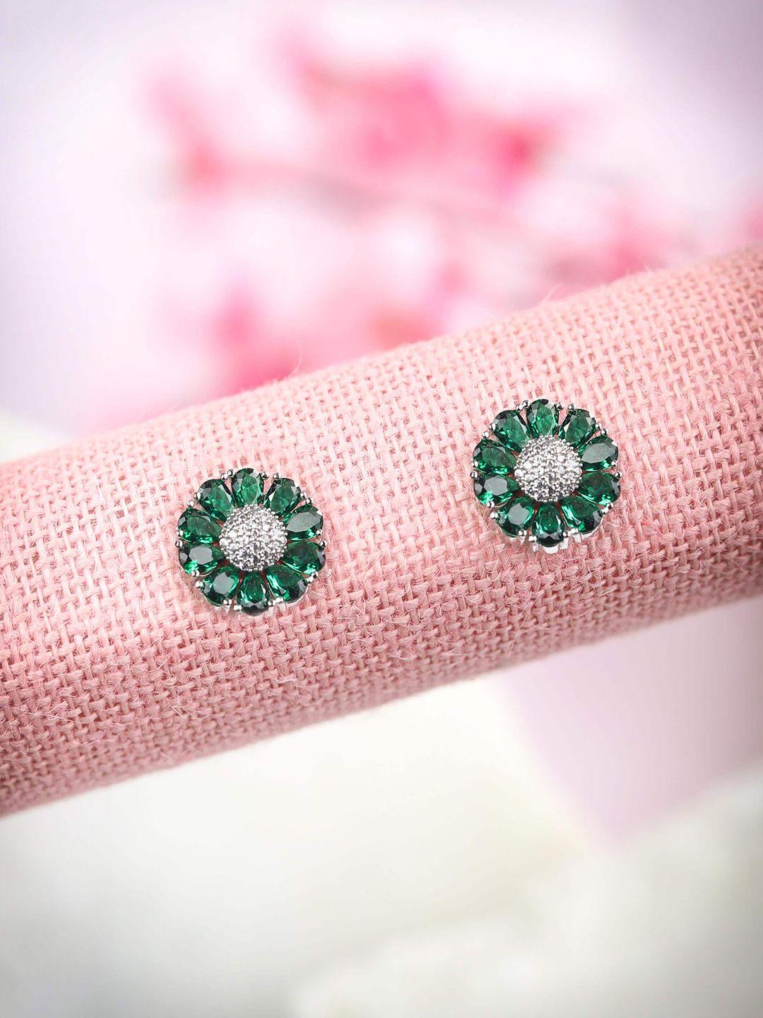 priyaasi silver-toned & green contemporary studs earrings