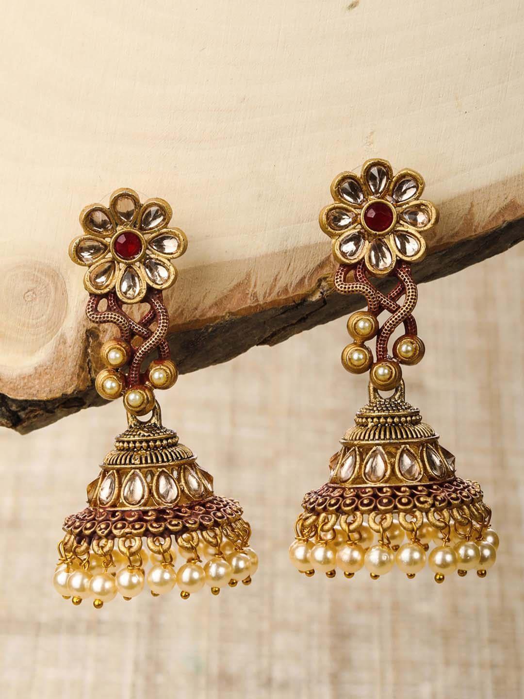 priyaasi women red kundan handcraft gold-plated jhumka earrings