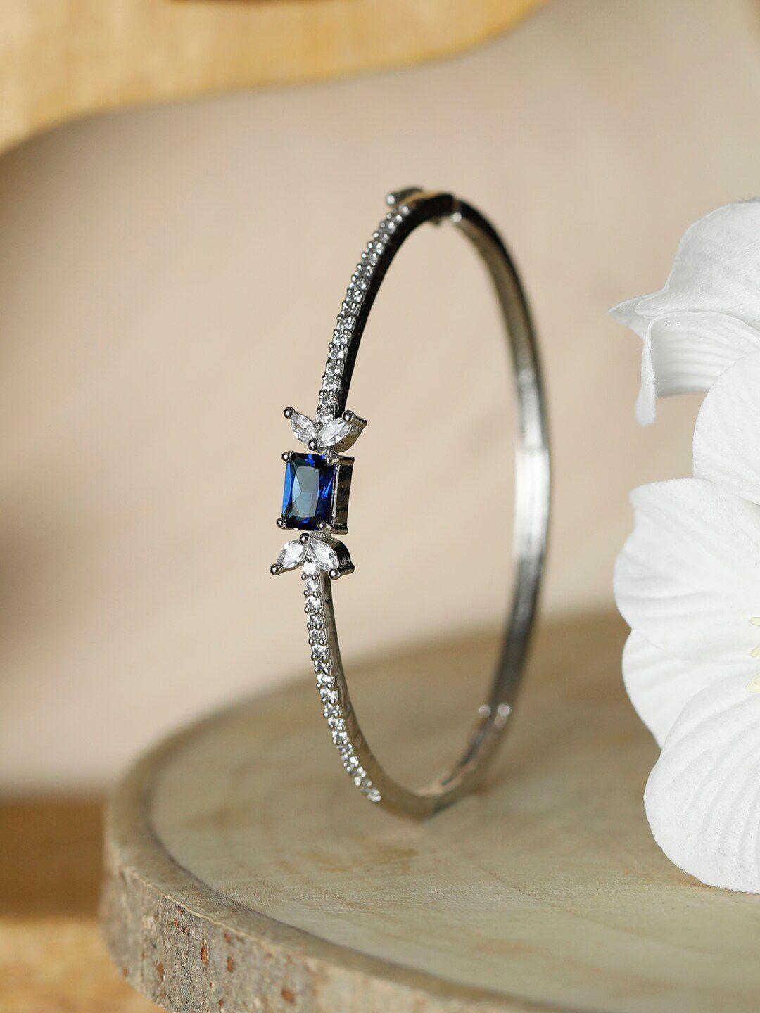 priyaasi women silver-toned & blue brass american diamond silver-plated bangle-style bracelet