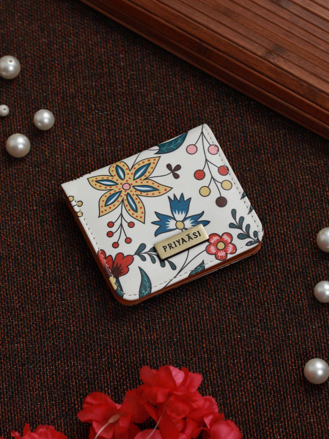 priyaasi women white & blue floral printed pu two fold wallet