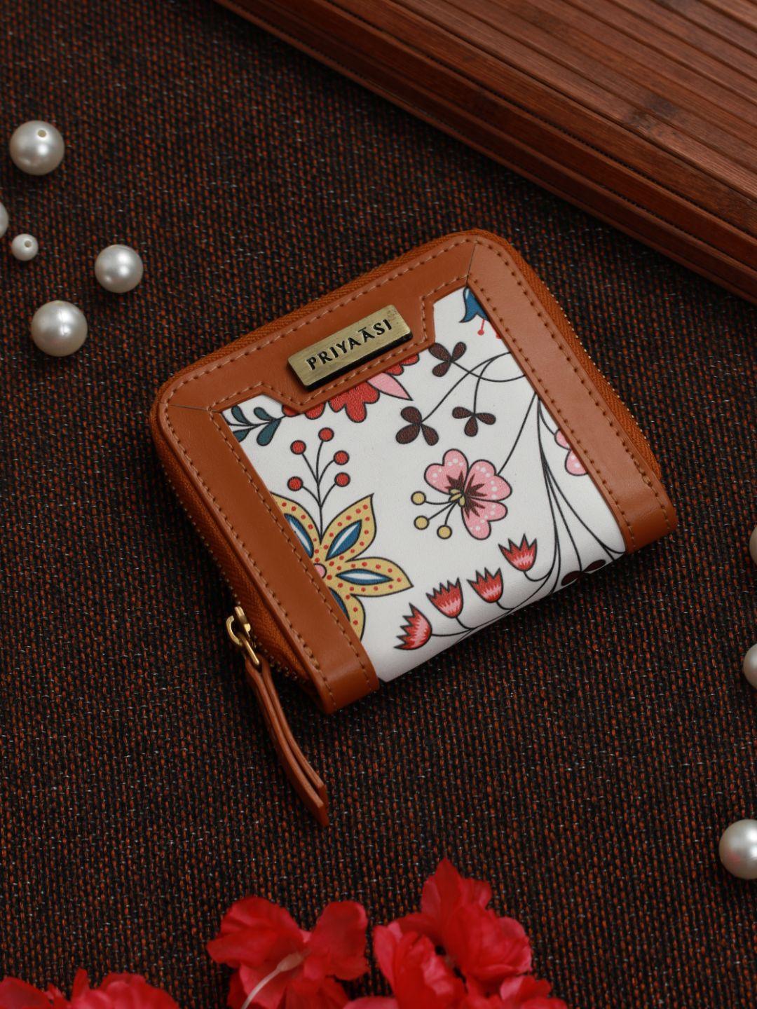 priyaasi women white & brown floral printed pu zip around wallet