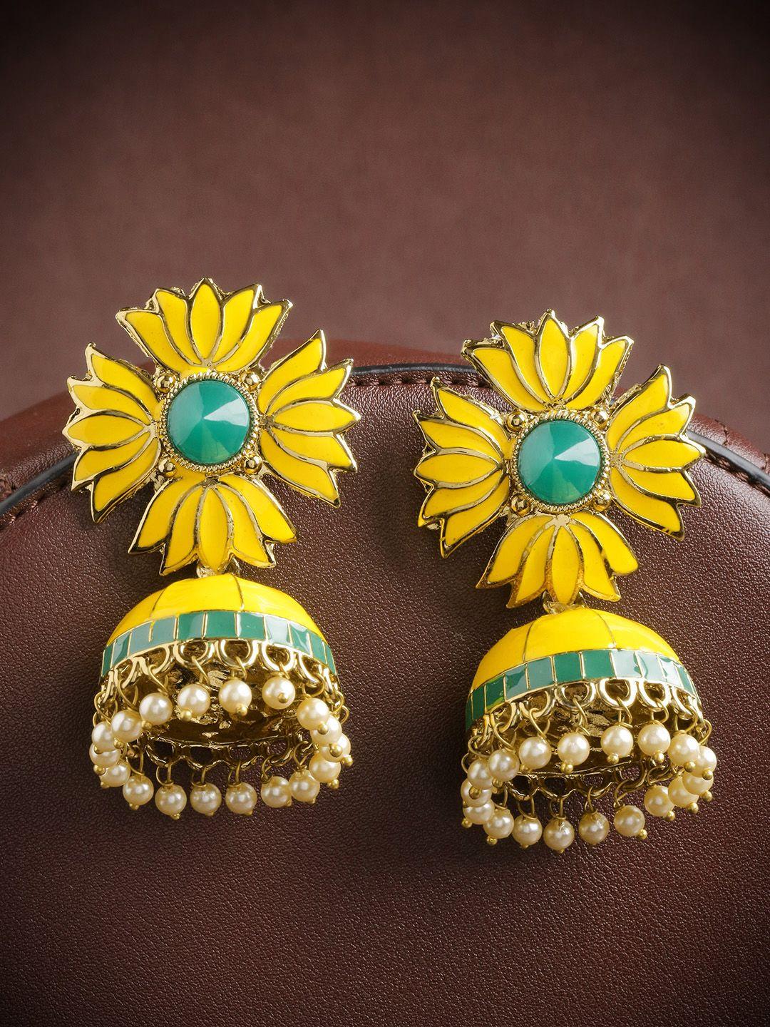 priyaasi yellow gold-plated stone-studded & beaded hand painted dome shaped jhumkas