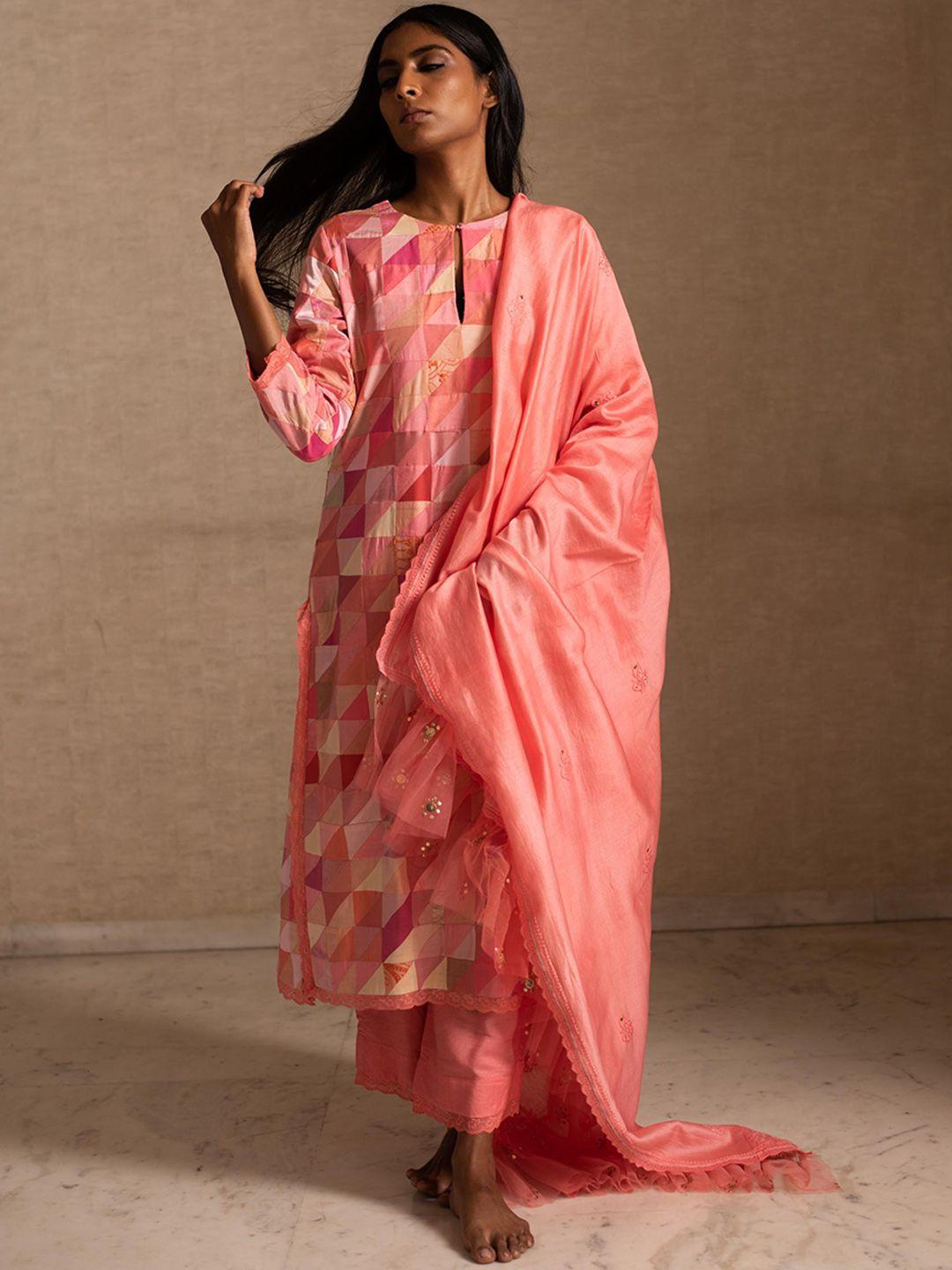 priyankaraajiv geometric printed sequinned pure silk kurta with palazzos & dupatta