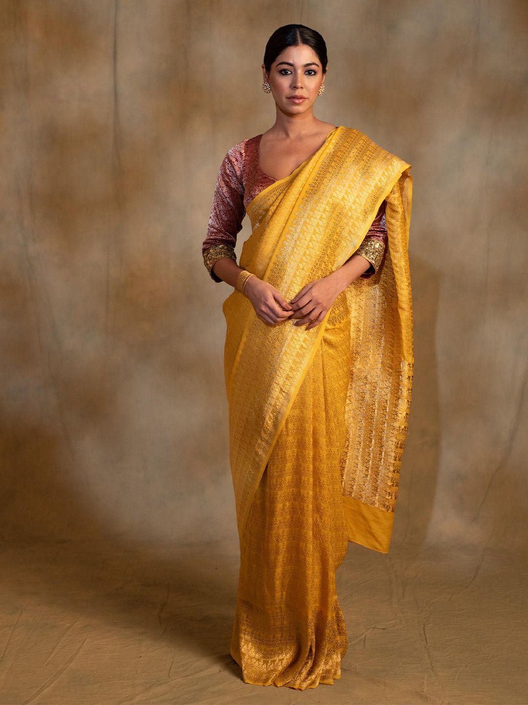 priyankaraajiv gudi yellow ethnic motifs woven design pure georgette banarasi saree