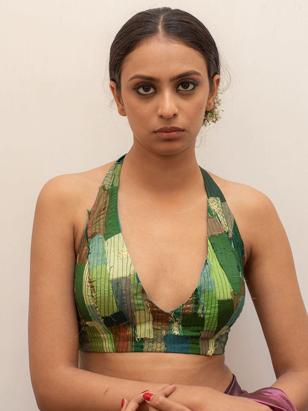 priyankaraajiv patch work halter neck silk saree blouse