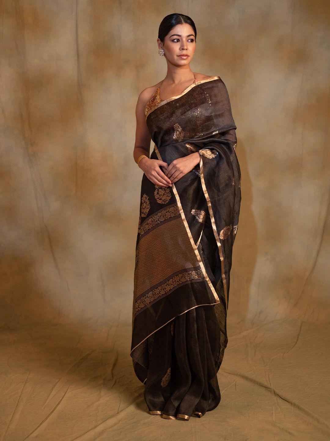 priyankaraajiv tritiya black ethnic motifs woven design pure silk banarasi saree