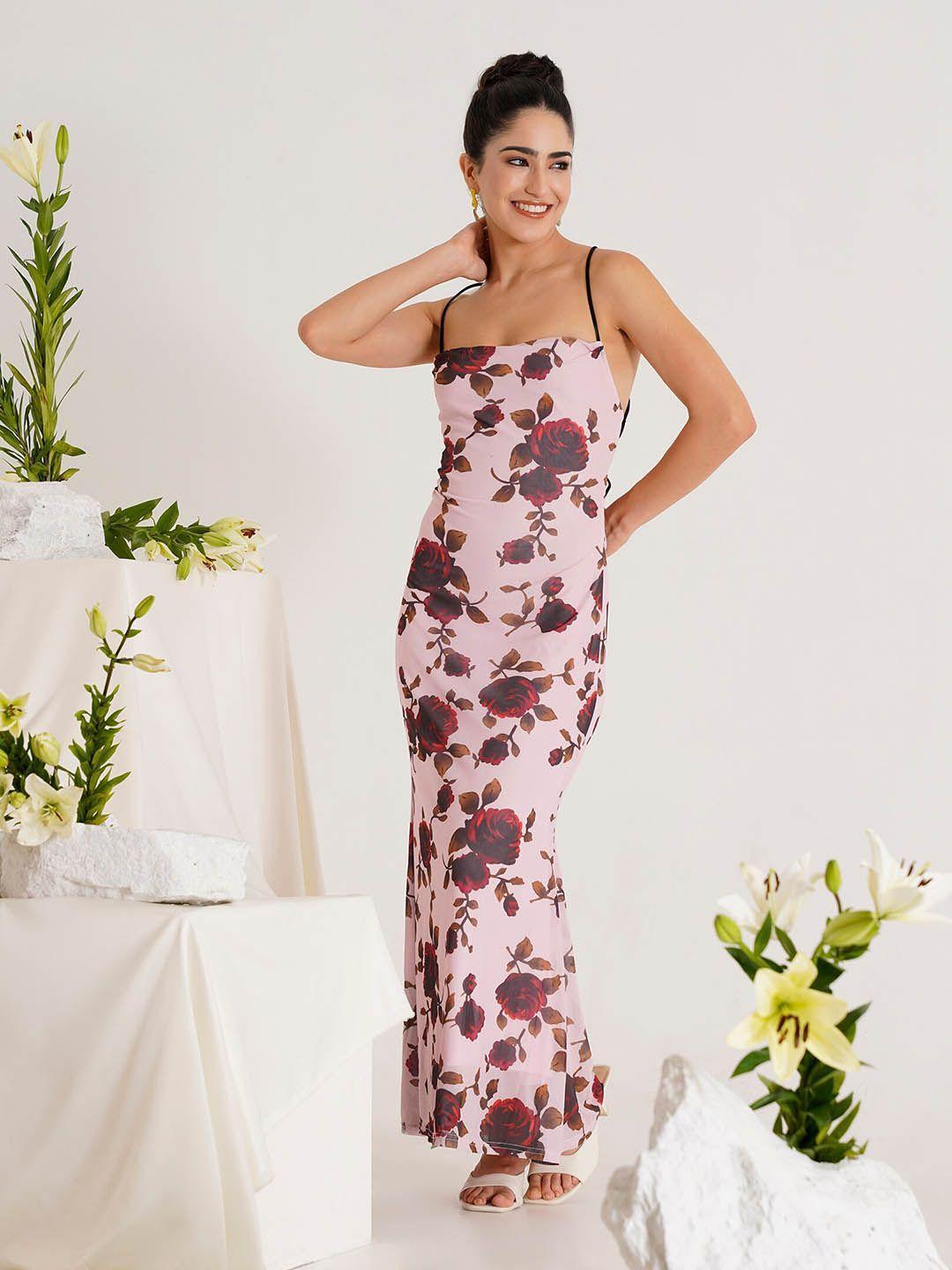 prizo pink floral print satin maxi dress