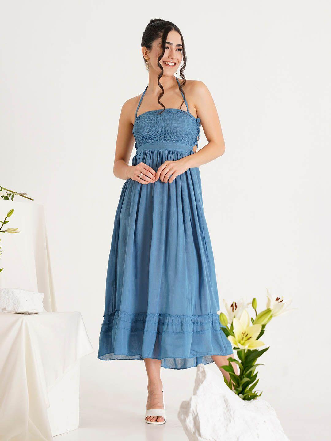 prizo blue halter neck fit & flare midi dress