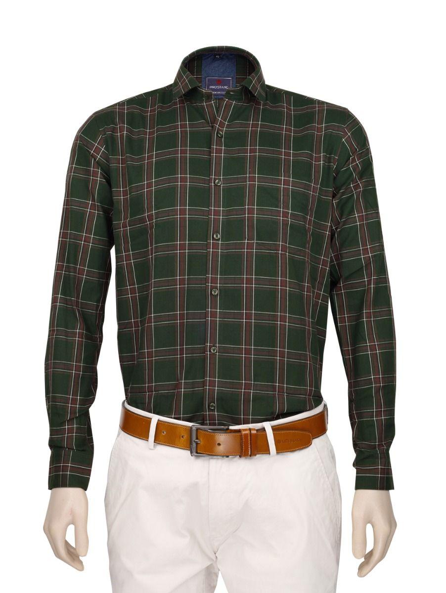 pro'static men green casual cotton shirt