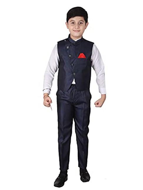 pro-ethic style developer kids navy & white solid full sleeves shirt, waistcoat, pants with tie