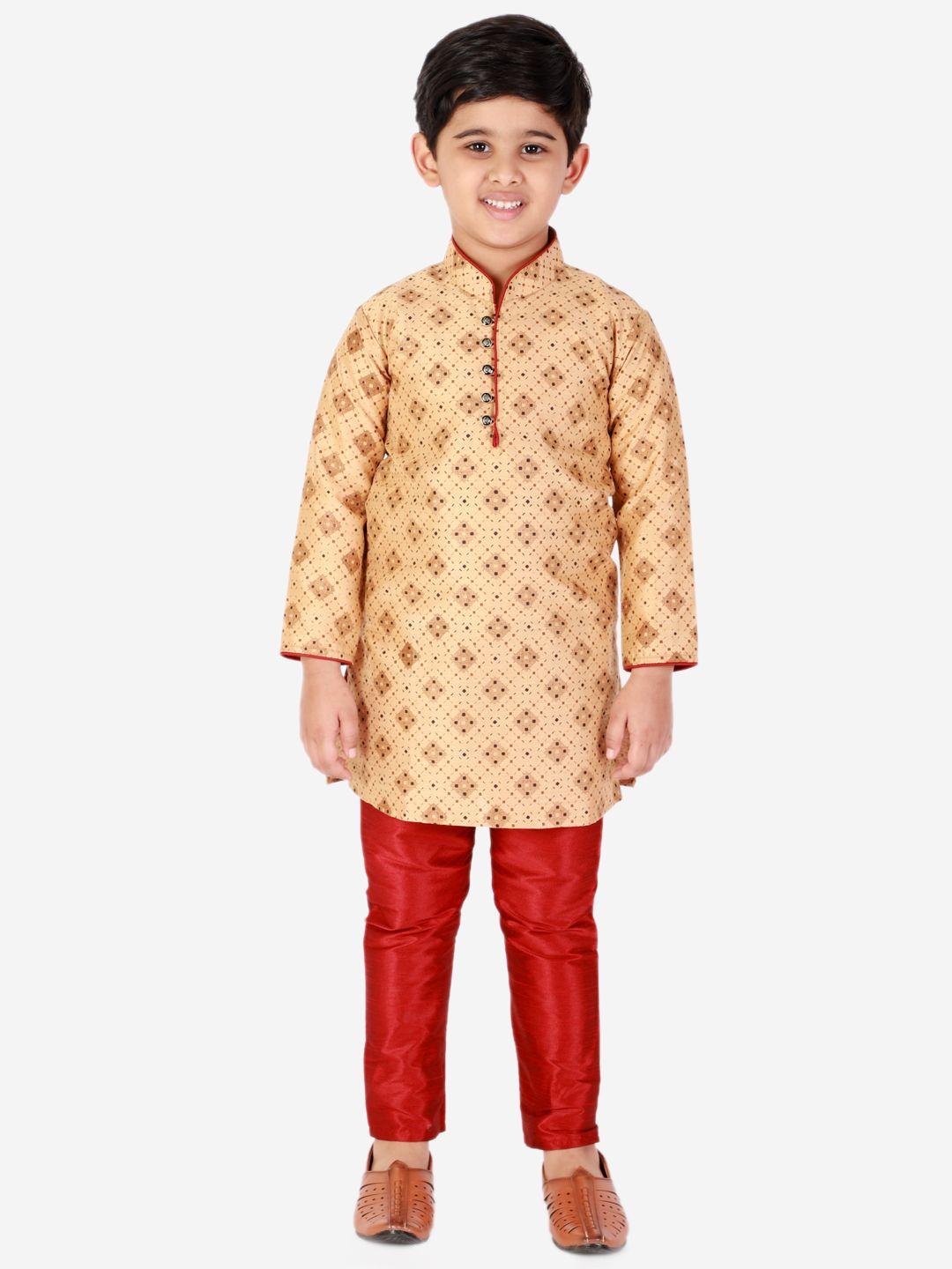 pro-ethic style developer boys beige & brown printed jacquard straight kurta with pyjamas
