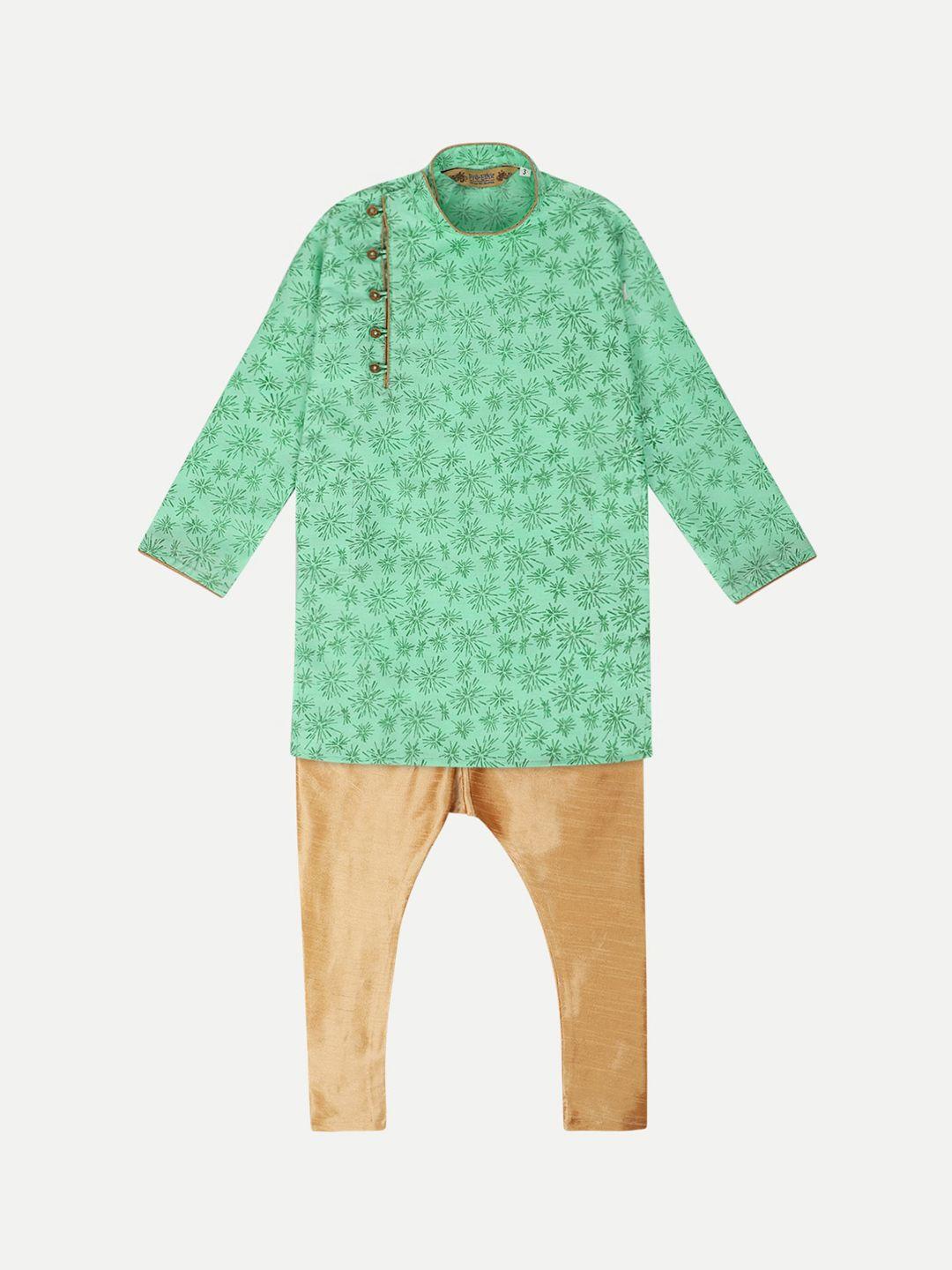 pro-ethic style developer boys green ethnic motifs printed angrakha raw silk kurta with pyjamas