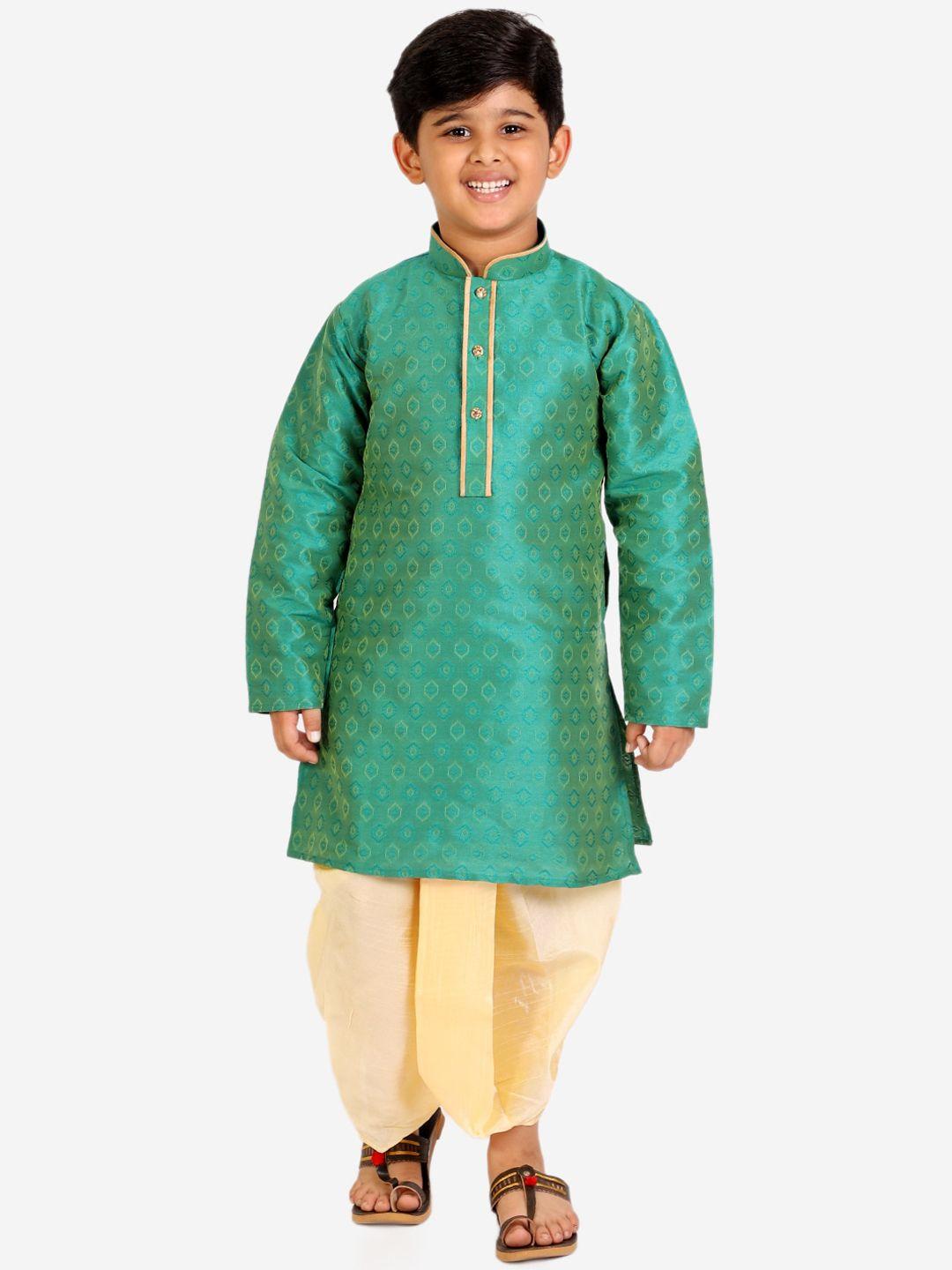 pro-ethic style developer boys green ethnic motifs pure silk kurta with dhoti pants