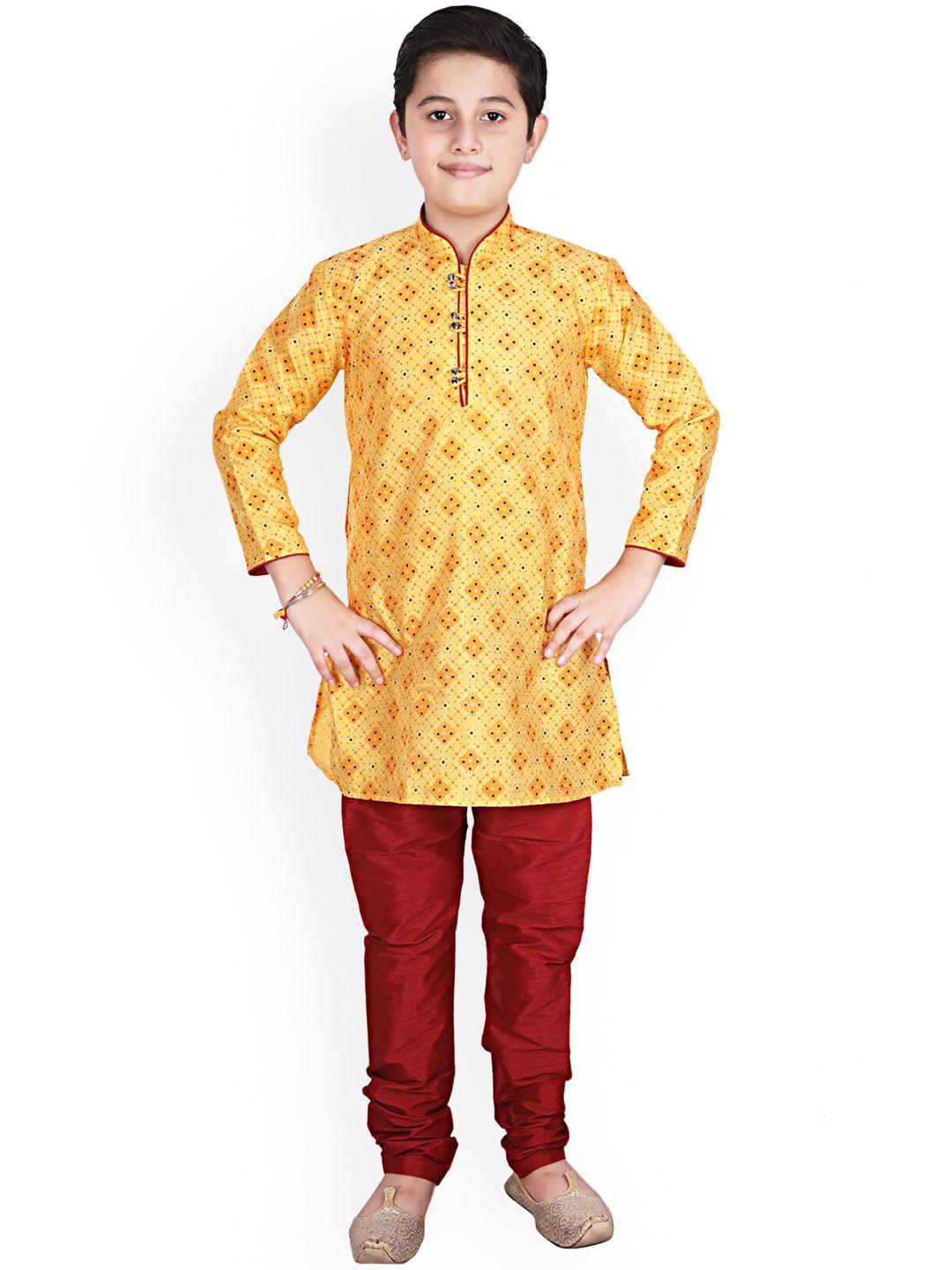 pro-ethic style developer boys mandarin collar ethnic motifs printed kurta with churidar