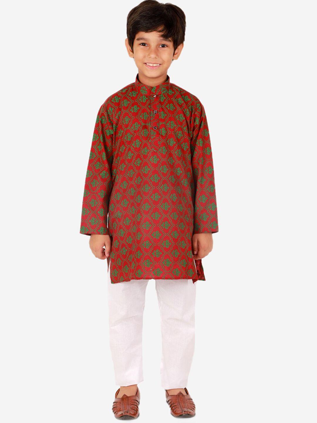 pro-ethic style developer boys maroon ethnic motifs printed pure cotton kurta with pyjamas