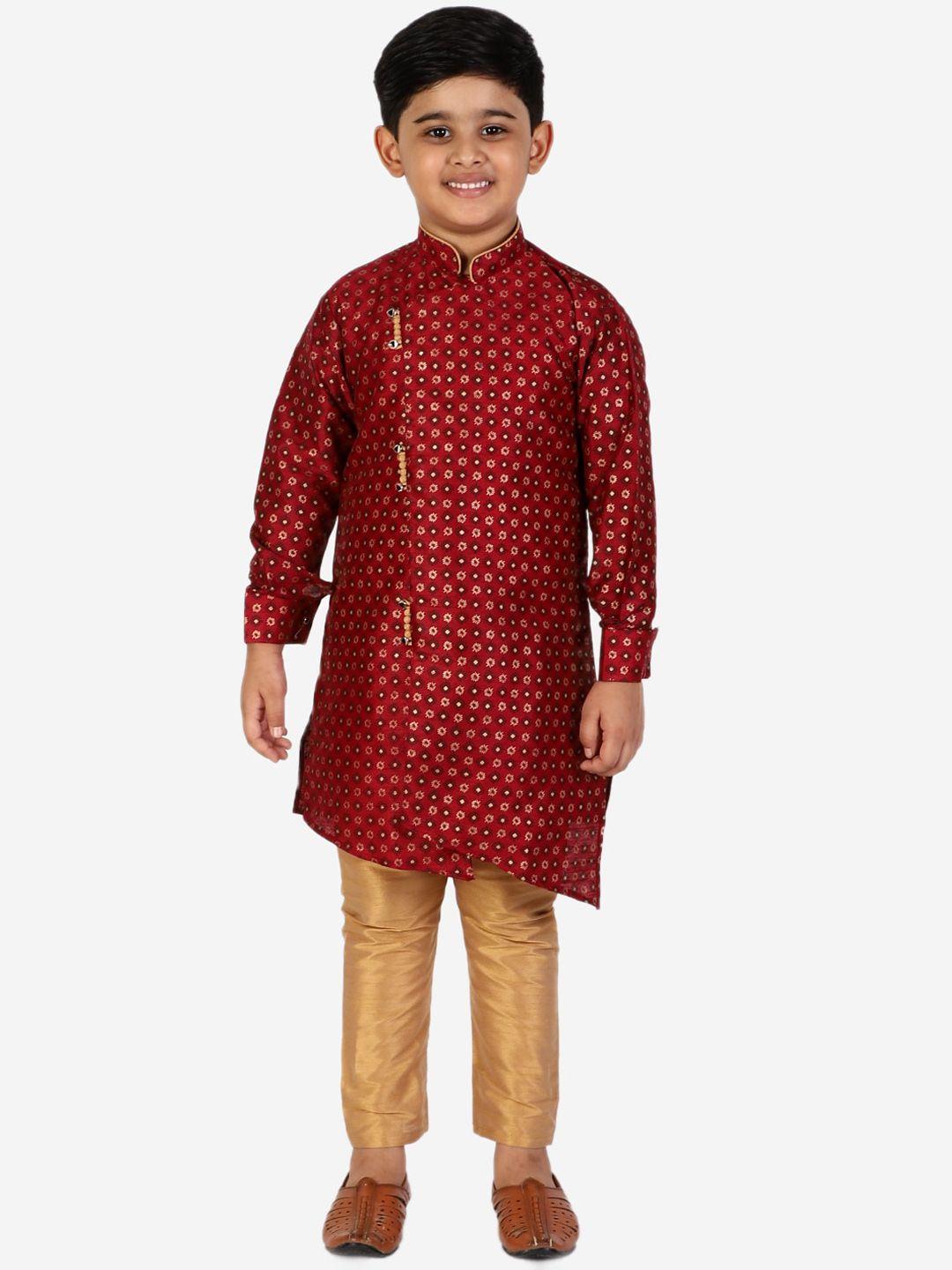 pro-ethic style developer boys maroon ethnic motifs printed pure silk kurta with trousers