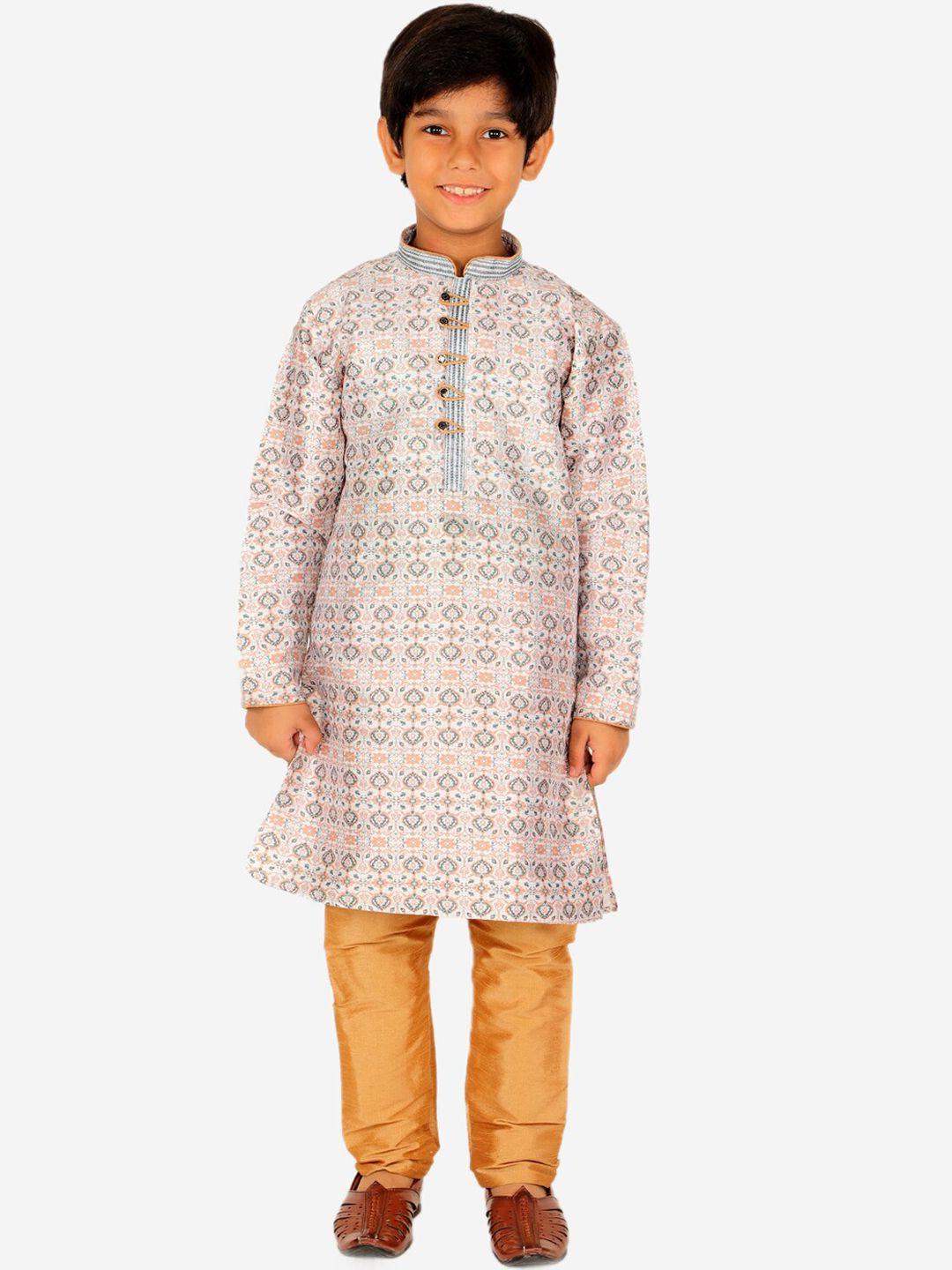 pro-ethic style developer boys off white ethnic motifs printed pure silk kurta with pyjamas