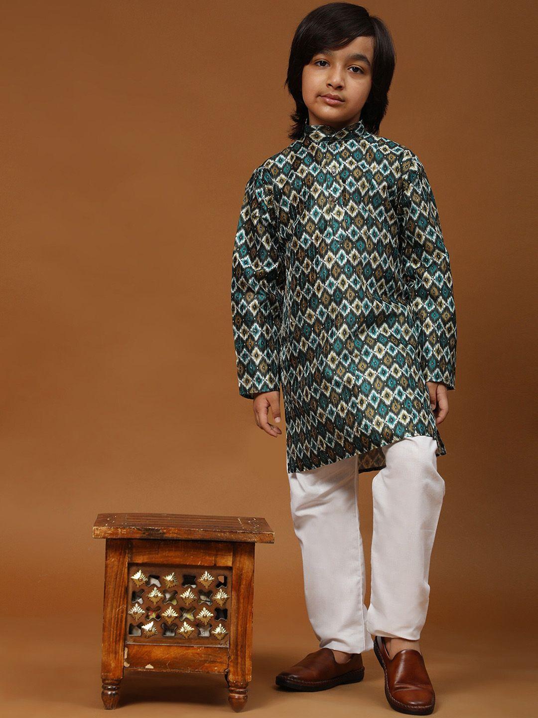 pro-ethic style developer boys turquoise blue ethnic motifs printed regular sequinned kurta with pyjamas