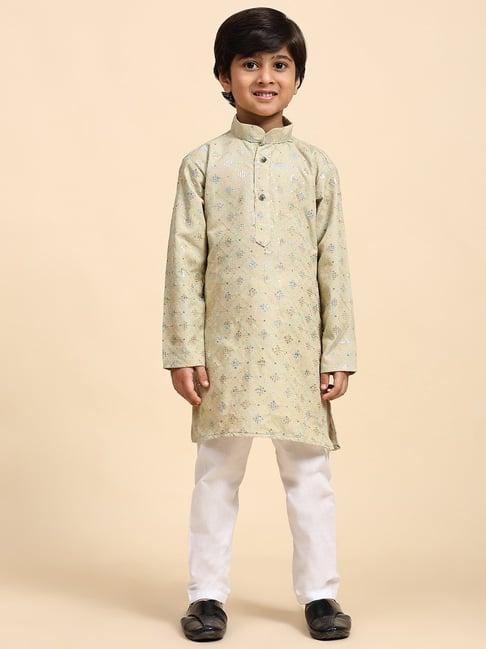 pro-ethic style developer kids beige & white embellished full sleeves kurta with pyjamas