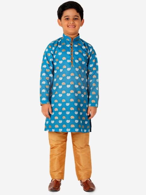 pro-ethic style developer kids blue & beige printed full sleeves kurta with pyjamas