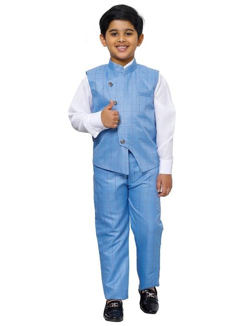 pro-ethic style developer kids blue & white checks full sleeves shirt, waistcoat & pants