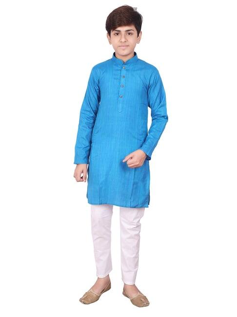 pro-ethic style developer kids blue & white solid full sleeves kurta with pyjamas