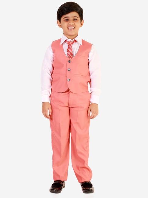 pro-ethic style developer kids coral & white solid full sleeves shirt, waistcoat, pants with tie