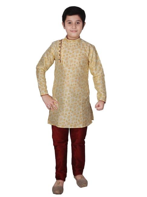pro-ethic style developer kids cream & maroon printed full sleeves kurta with churidar