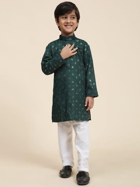 pro-ethic style developer kids dark green & white embellished full sleeves kurta with pyjamas