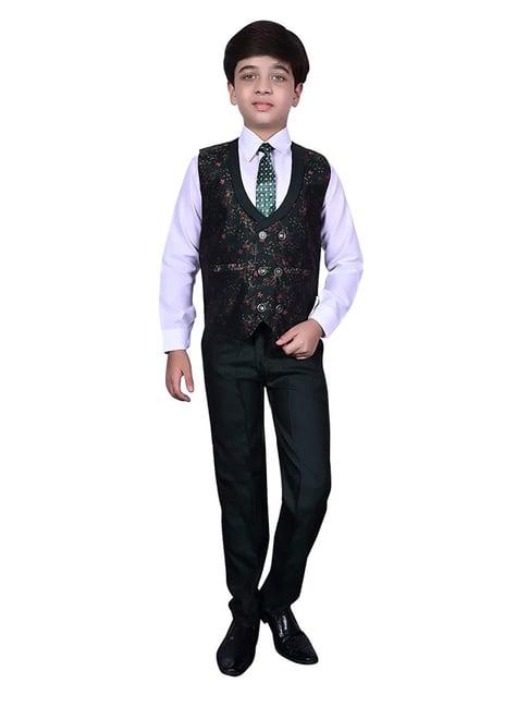 pro-ethic style developer kids dark green & white floral full sleeves shirt, waistcoat, pants with tie