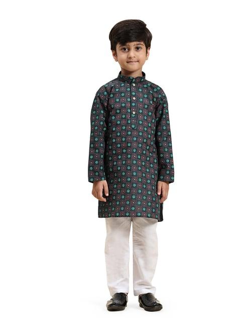 pro-ethic style developer kids dark green & white printed full sleeves kurta with pyjamas