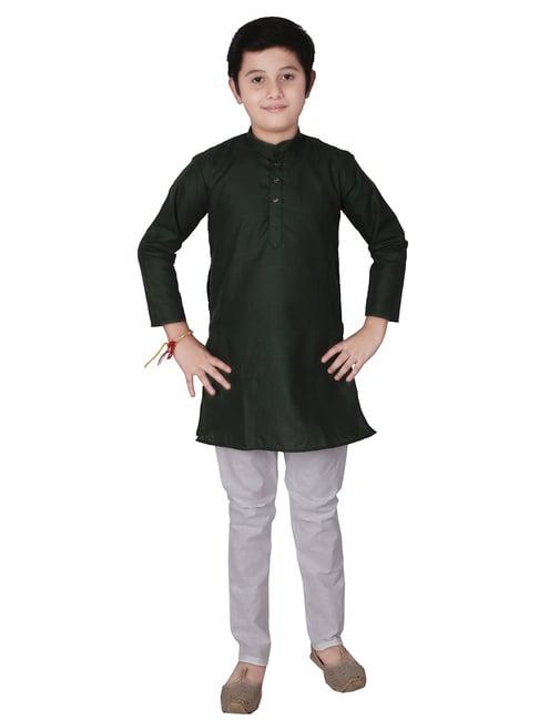 pro-ethic style developer kids dark green & white solid full sleeves kurta with pyjamas
