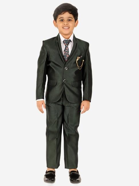pro-ethic style developer kids dark green & white solid full sleeves shirt, waistcoat, pants with tie