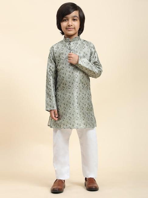 pro-ethic style developer kids green & white floral print full sleeves kurta with pyjamas