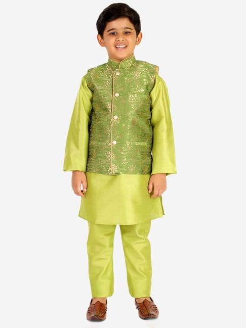 pro-ethic style developer kids green floral print full sleeves kurta, waistcoat with pyjamas
