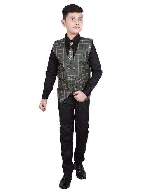 pro-ethic style developer kids grey & black checks full sleeves shirt, waistcoat, pants with tie