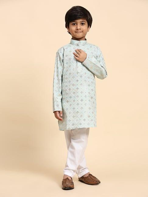 pro-ethic style developer kids light blue & white embellished full sleeves kurta with pyjamas
