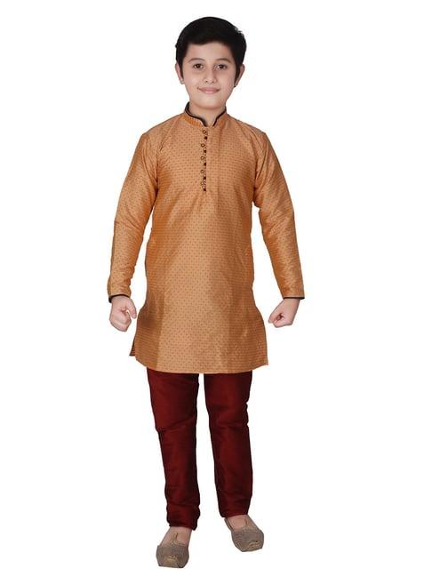 pro-ethic style developer kids light brown & maroon self full sleeves kurta with pyjamas