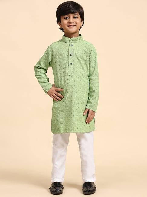 pro-ethic style developer kids light green & white embellished full sleeves kurta with pyjamas