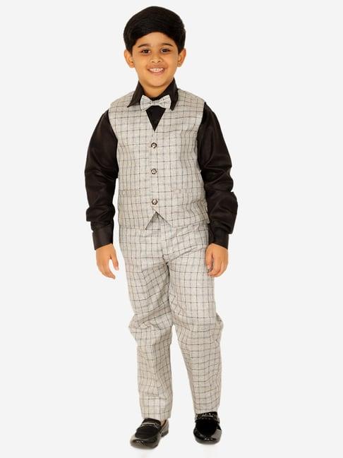 pro-ethic style developer kids light grey & black checks full sleeves shirt, waistcoat, pants with bow