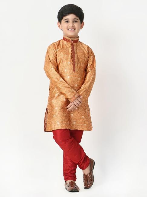 pro-ethic style developer kids light orange & maroon printed full sleeves kurta with pyjamas